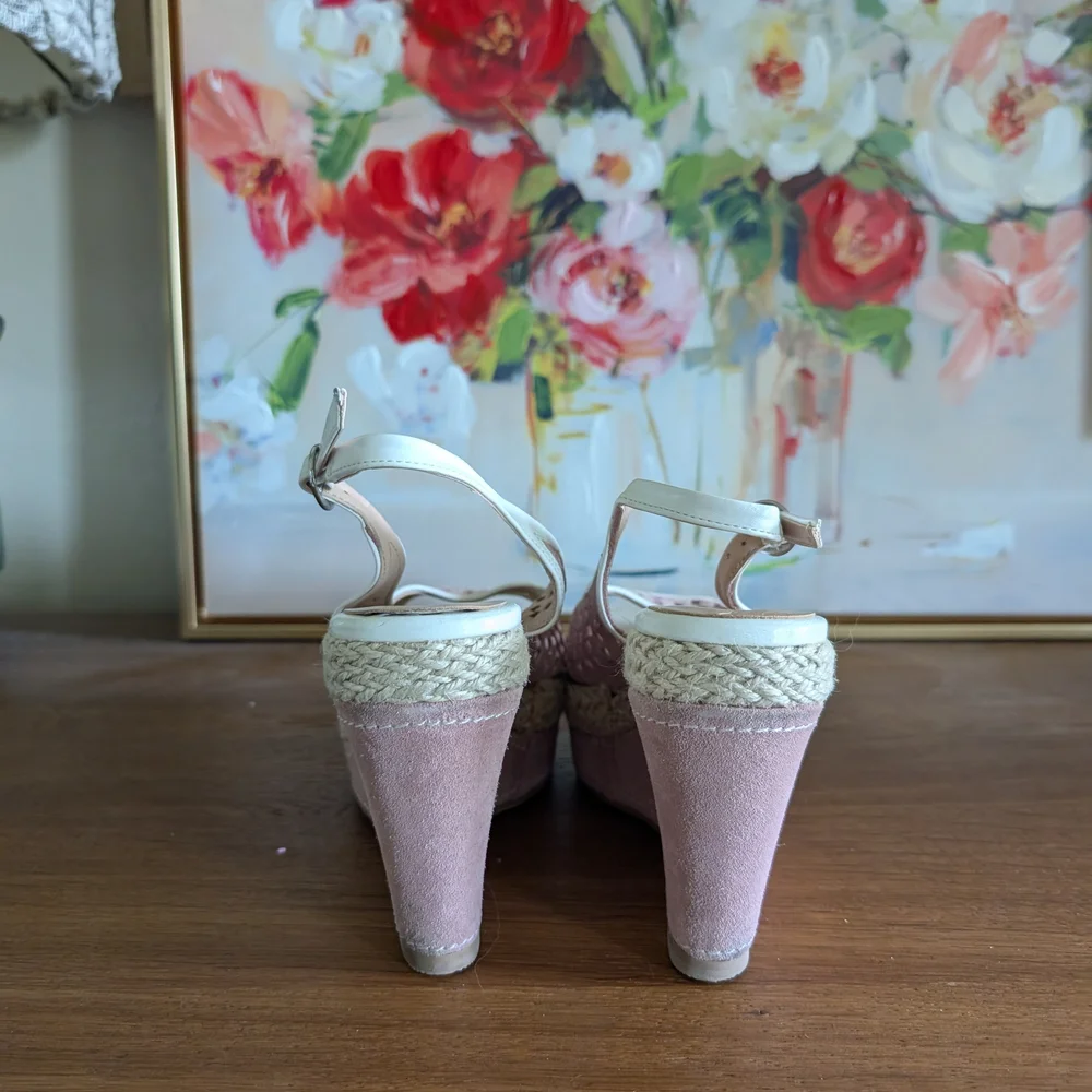 New Pink Leather d White Wedge Shoes - Picture 3 of 6